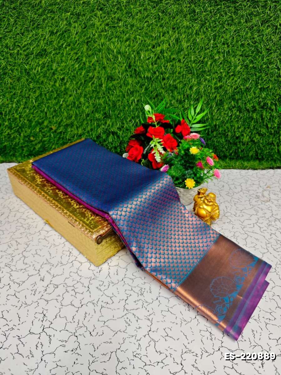 Bridal silk gold silvar and copper zari weave and wedding art silk sarees - BLUE COLOUR