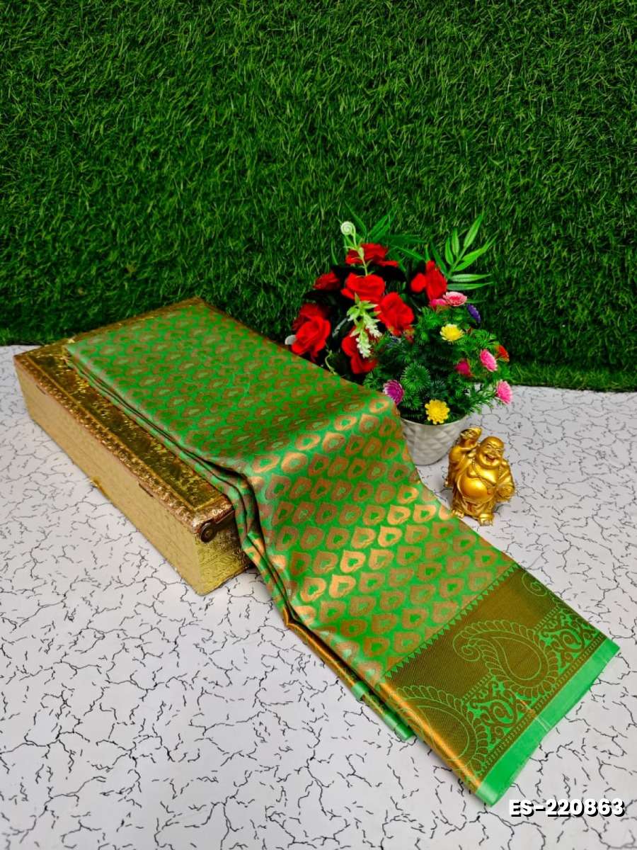 Bridal silk gold silvar and copper zari weave and wedding art silk sarees - GREEN COLOUR (3)