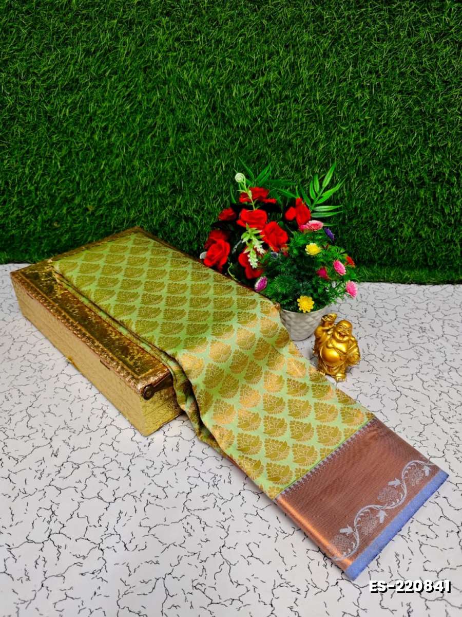 Bridal silk gold silvar and copper zari weave and wedding art silk sarees - LIGHT GREEN (5)