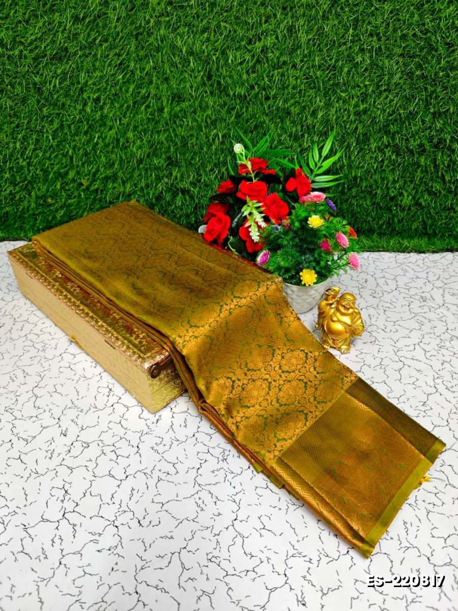 Bridal silk gold silvar and copper zari weave and wedding art silk sarees - OLIVE GREEN (4)