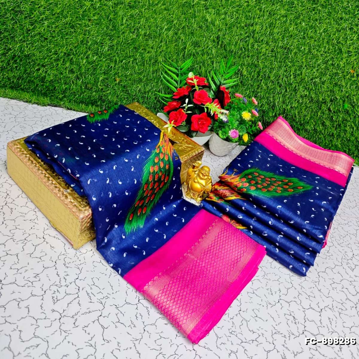 Fancy Print  Office Wear Cotton Sarees All Over Body Peacock Design Premium Look lightweight Comfortable Wear - R BLUE