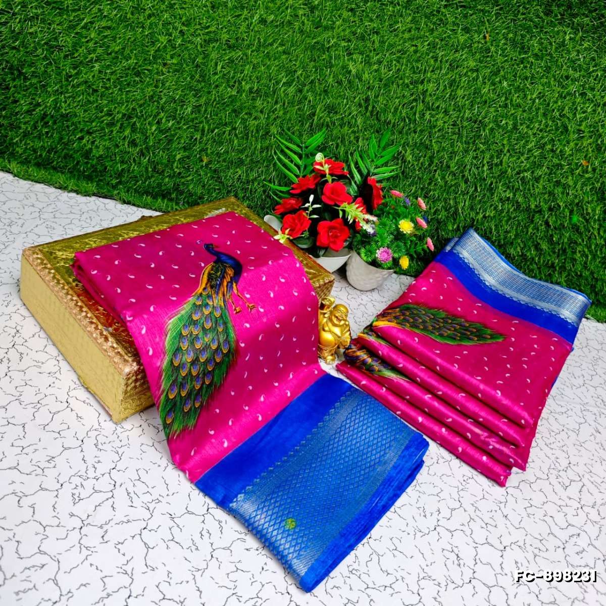Fancy Print  Office Wear Cotton Sarees All Over Body Peacock Design Premium Look lightweight Comfortable Wear - DARK PINK