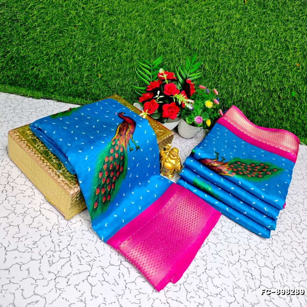 Fancy Print  Office Wear Cotton Sarees All Over Body Peacock Design Premium Look lightweight Comfortable Wear - BLUE COLOUR