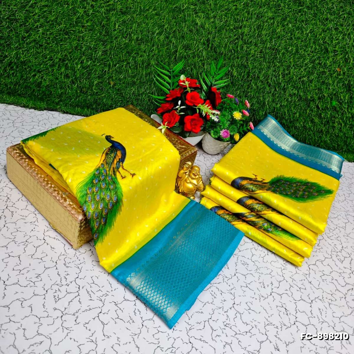 Fancy Print  Office Wear Cotton Sarees All Over Body Peacock Design Premium Look lightweight Comfortable Wear - YELLOW