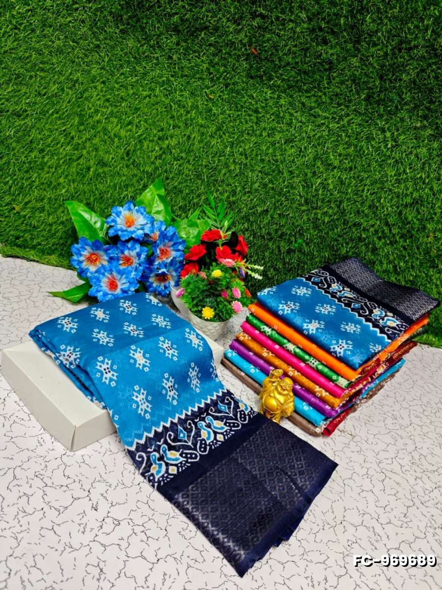 Fancy Print  Office Wear Cotton Sarees All Over Body Poo Design Premium Look lightweight Comfortable Wear - BLUE COLOUR
