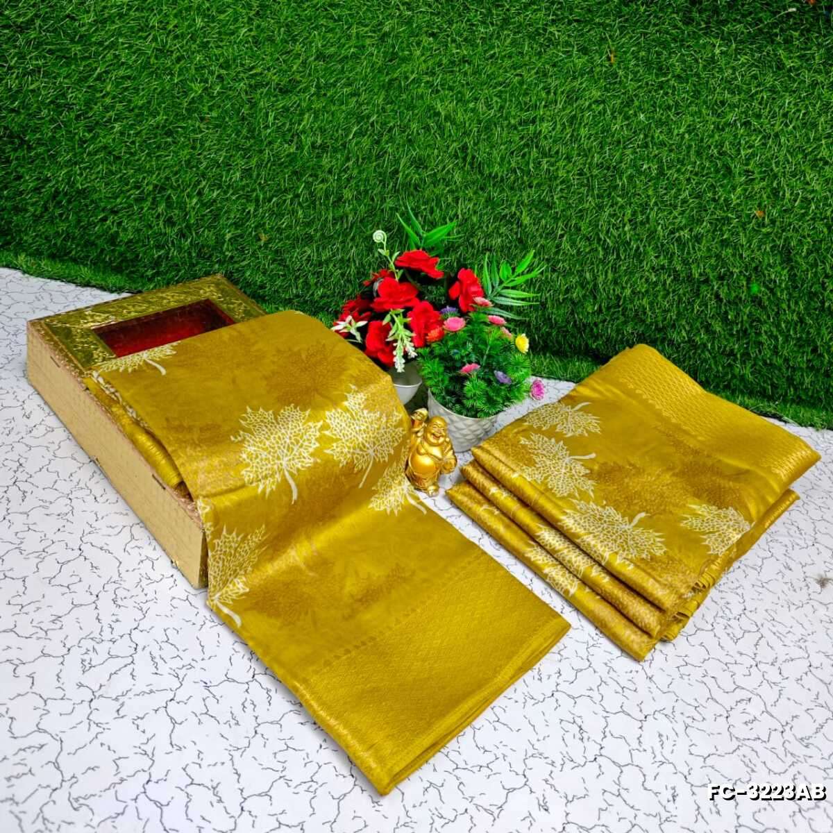 Fancy print office wear cotton sarees all over body Leaf design premium look lightweight comfortable wear - GOLDEN