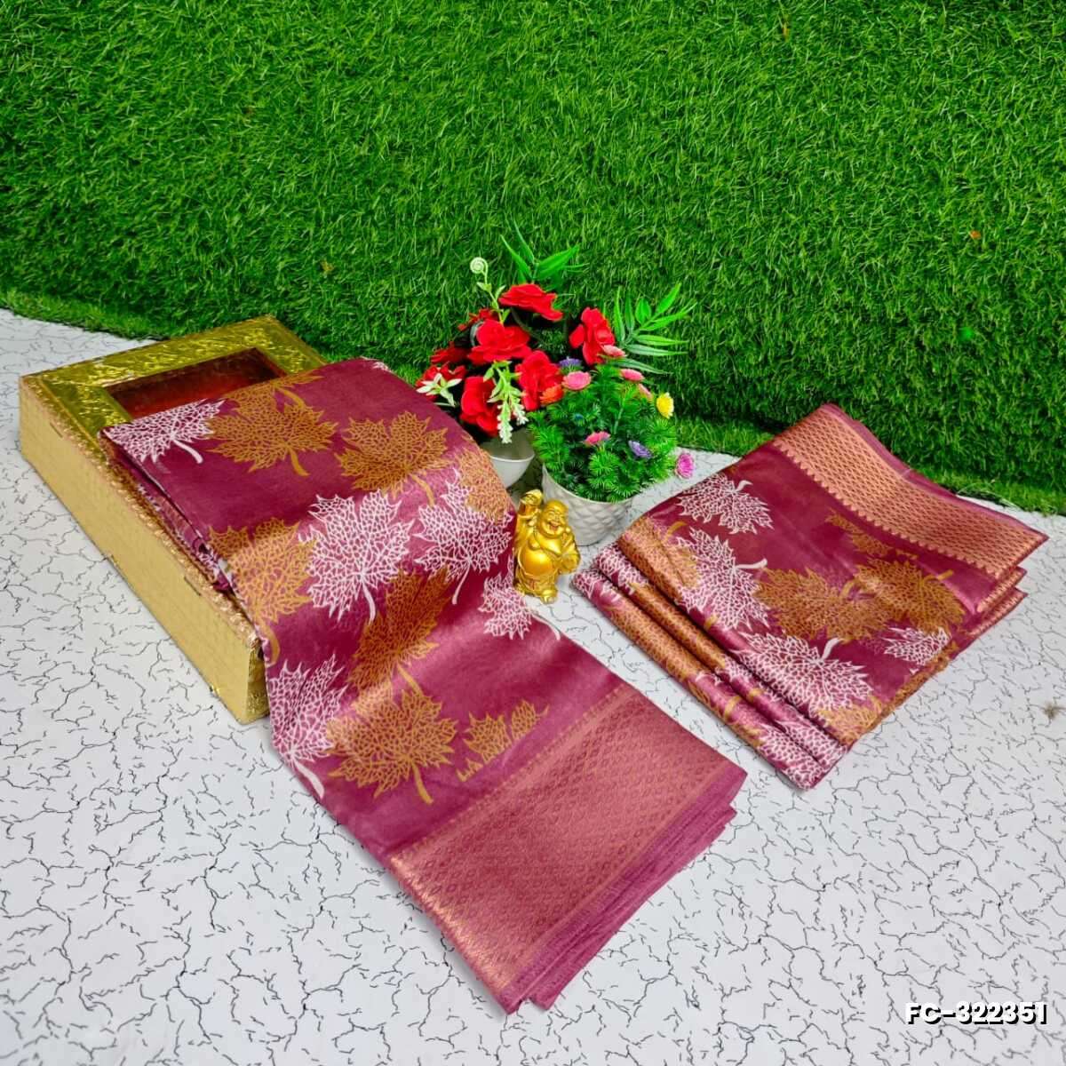 Fancy print office wear cotton sarees all over body Leaf design premium look lightweight comfortable wear - ONIYAN PINK
