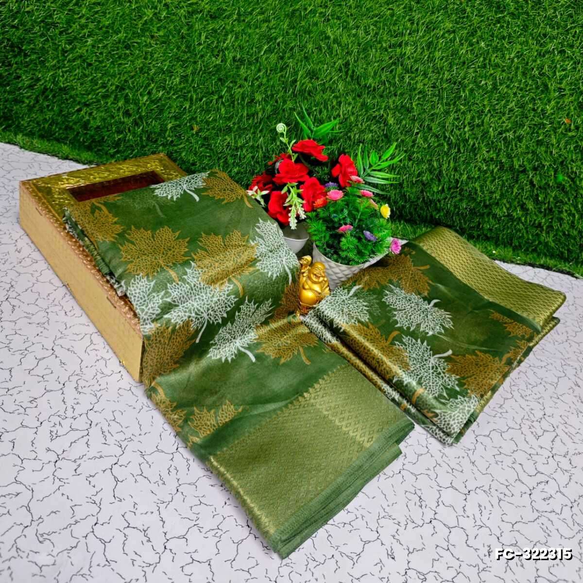 Fancy print office wear cotton sarees all over body Leaf design premium look lightweight comfortable wear - GREEN
