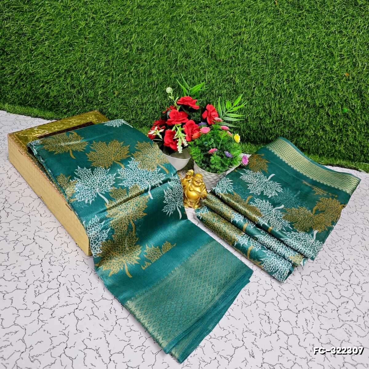 Fancy print office wear cotton sarees all over body Leaf design premium look lightweight comfortable wear - TEAL COLOUR