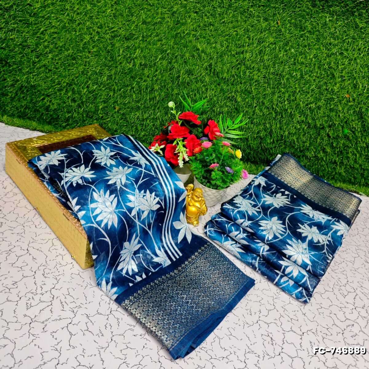 Fancy print office wear cotton sarees all over body Leaf Kodi Pattern design premium look lightweight comfortable wear - BLUE COLOUR