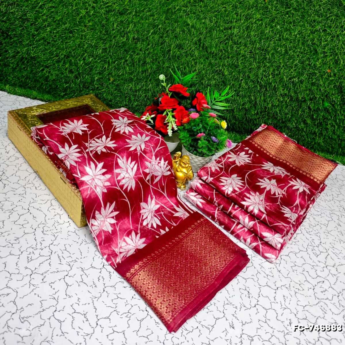 Fancy print office wear cotton sarees all over body Leaf Kodi Pattern design premium look lightweight comfortable wear - TOMATO COLOUR