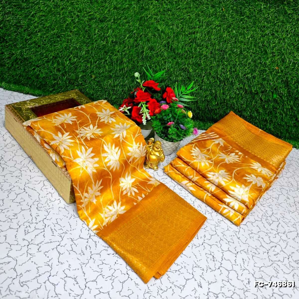 Fancy print office wear cotton sarees all over body Leaf Kodi Pattern design premium look lightweight comfortable wear - YELLOW COLOR