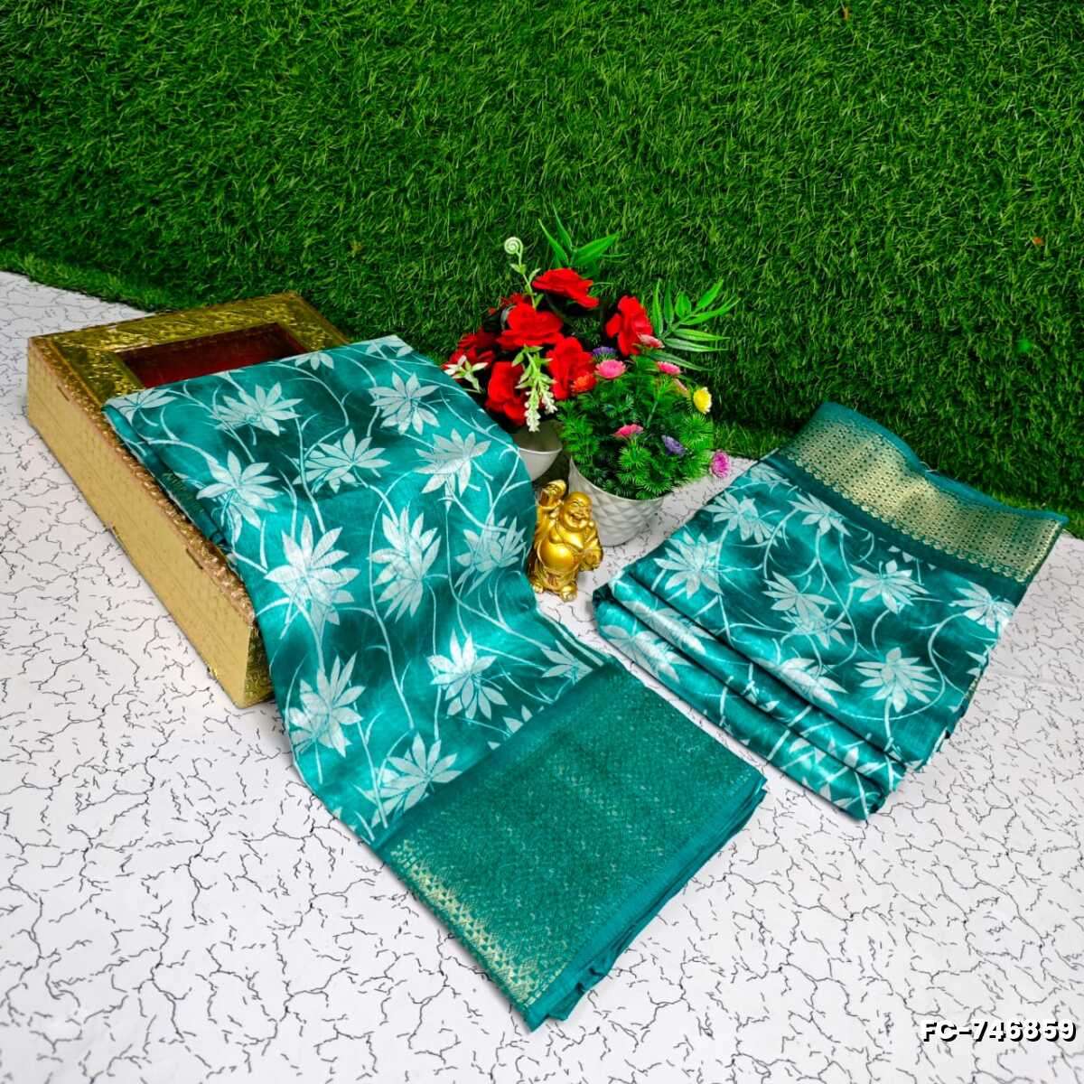Fancy print office wear cotton sarees all over body Leaf Kodi Pattern design premium look lightweight comfortable wear - NORMAL GREEN