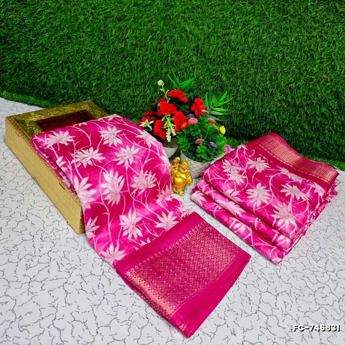 Fancy print office wear cotton sarees all over body Leaf Kodi Pattern design premium look lightweight comfortable wear - DARK PINK