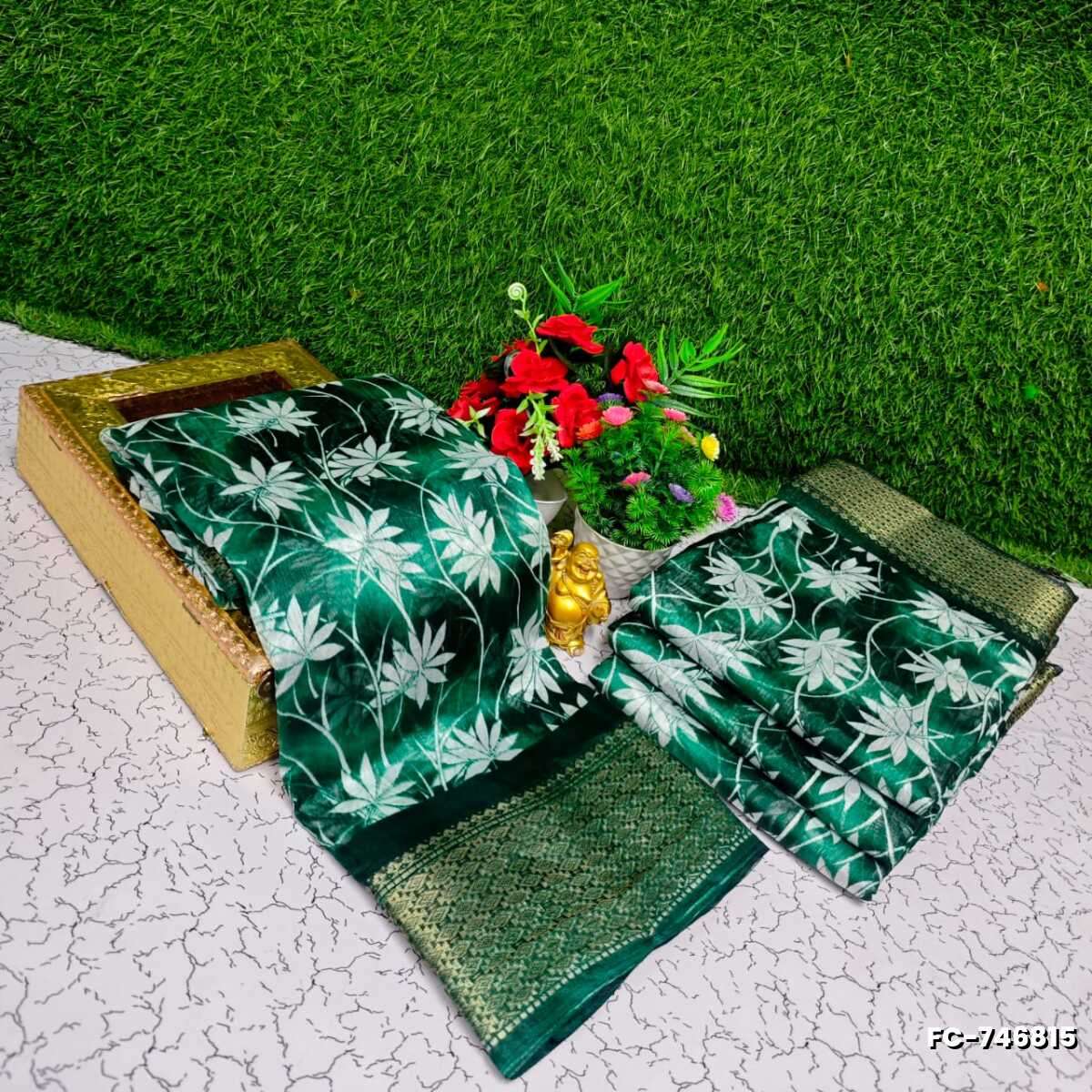 Fancy print office wear cotton sarees all over body Leaf Kodi Pattern design premium look lightweight comfortable wear - GREEN