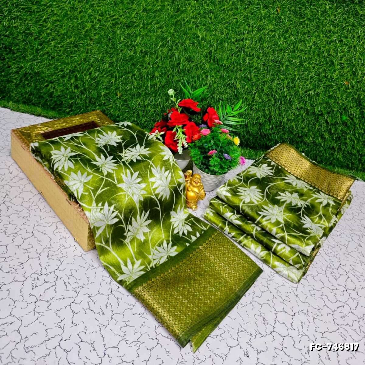 Fancy print office wear cotton sarees all over body Leaf Kodi Pattern design premium look lightweight comfortable wear - OLIVE GREEN