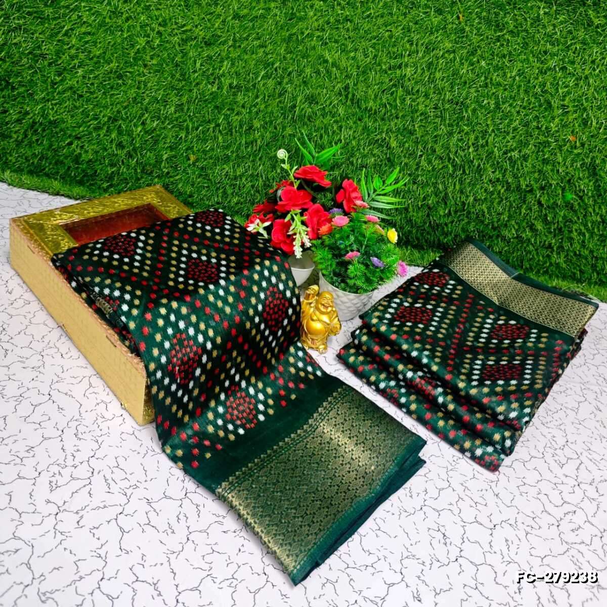 Fancy print office wear cotton sarees all over body Diamond Pattern Dots design premium look lightweight comfortable wear - DARK GREEN