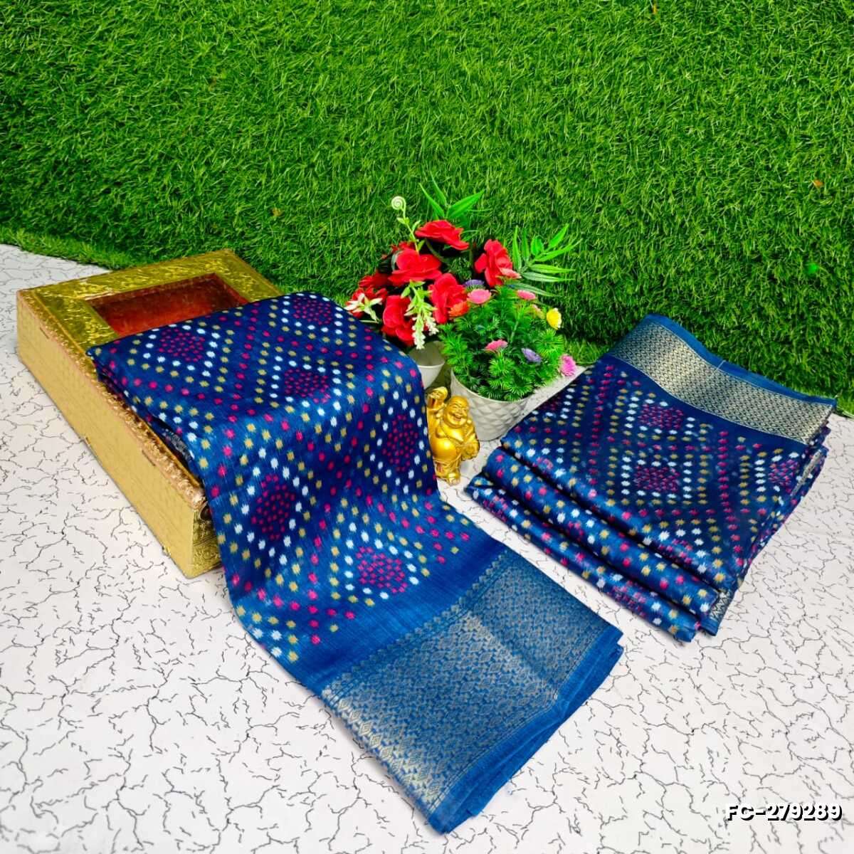 Fancy print office wear cotton sarees all over body Diamond Pattern Dots design premium look lightweight comfortable wear - BLUE COLOUR