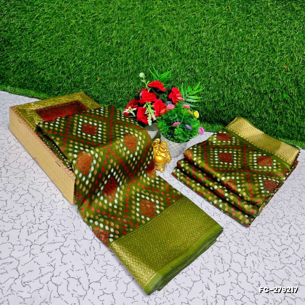 Fancy print office wear cotton sarees all over body Diamond Pattern Dots design premium look lightweight comfortable wear - OLIVE GREEN