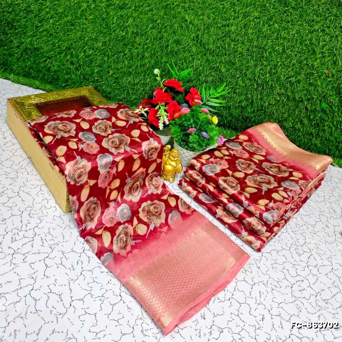 Fancy print office wear cotton sarees all over body Roja Poo Pattern design premium look lightweight comfortable wear - MERUN