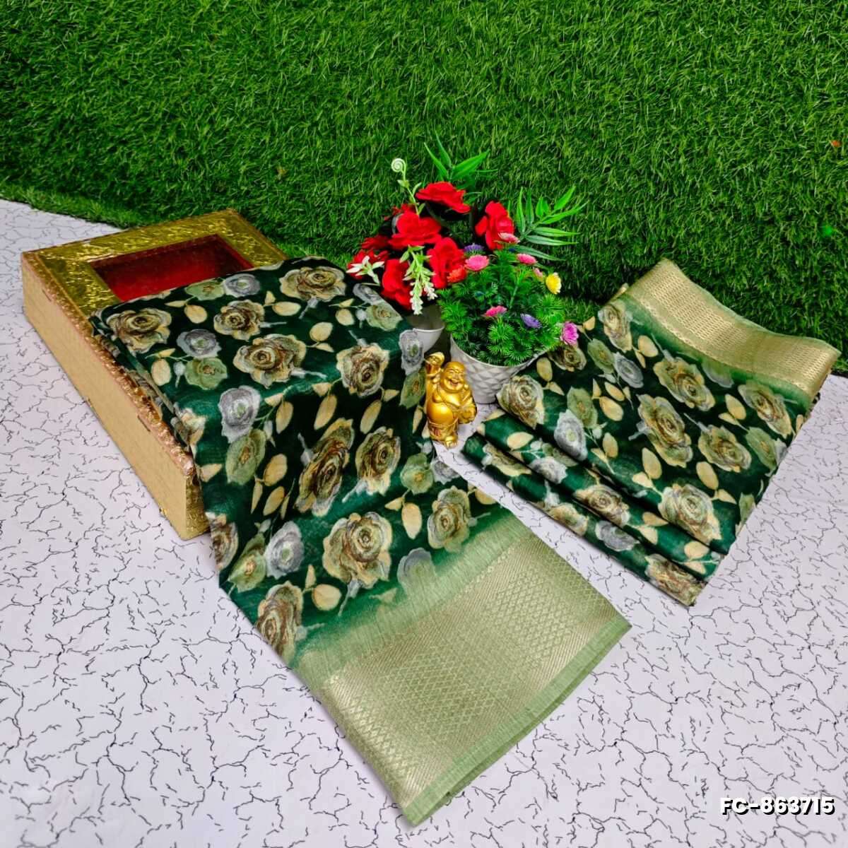 Fancy print office wear cotton sarees all over body Roja Poo Pattern design premium look lightweight comfortable wear - GREEN