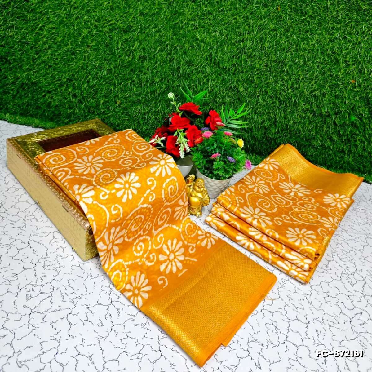 Fancy print office wear cotton sarees all over body kodi poo pattern design premium look lightweight comfortable wear - YELLOW COLOR