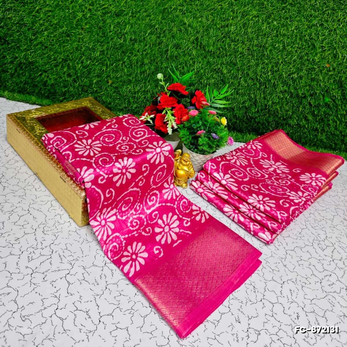 Fancy print office wear cotton sarees all over body kodi poo pattern design premium look lightweight comfortable wear - DARK PINK