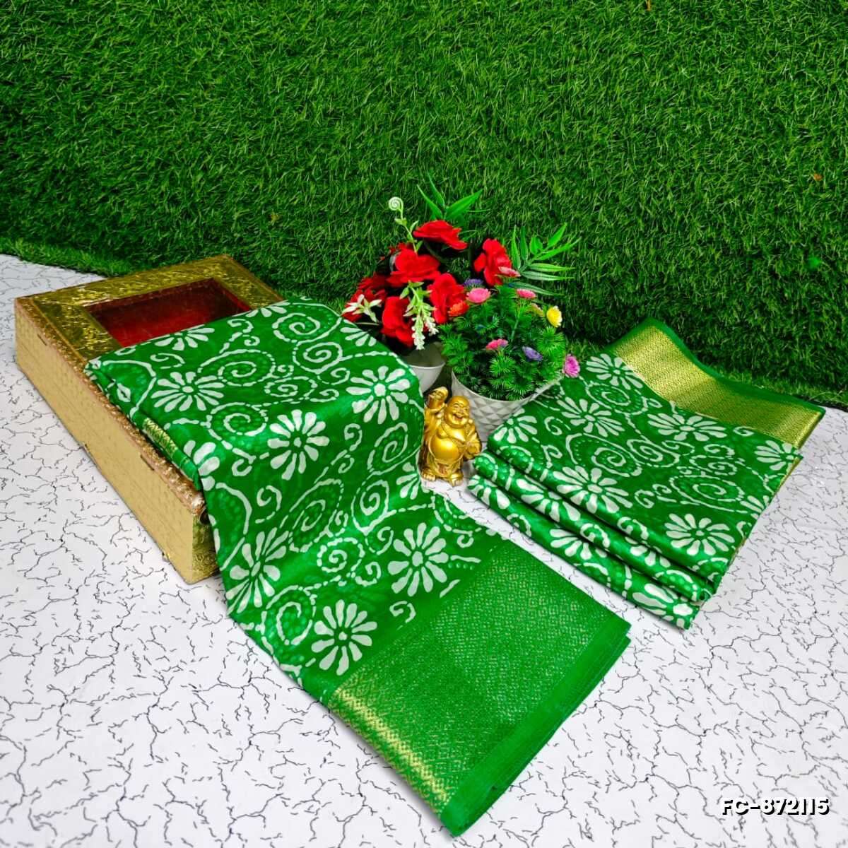 Fancy print office wear cotton sarees all over body kodi poo pattern design premium look lightweight comfortable wear - GREEN