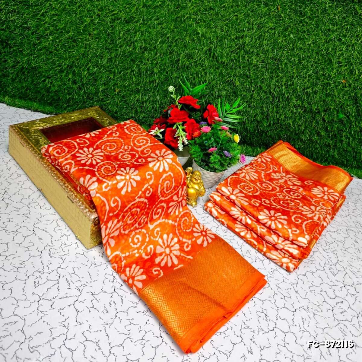Fancy print office wear cotton sarees all over body kodi poo pattern design premium look lightweight comfortable wear - ORANGE