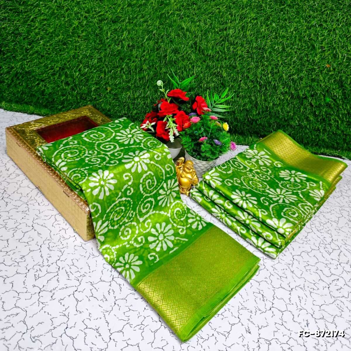 Fancy print office wear cotton sarees all over body kodi poo pattern design premium look lightweight comfortable wear - EMERALD COLOUR