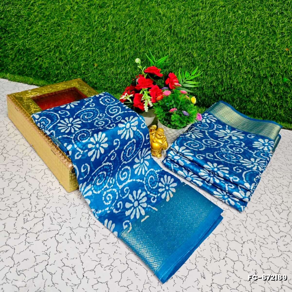 Fancy print office wear cotton sarees all over body kodi poo pattern design premium look lightweight comfortable wear - BLUE COLOUR