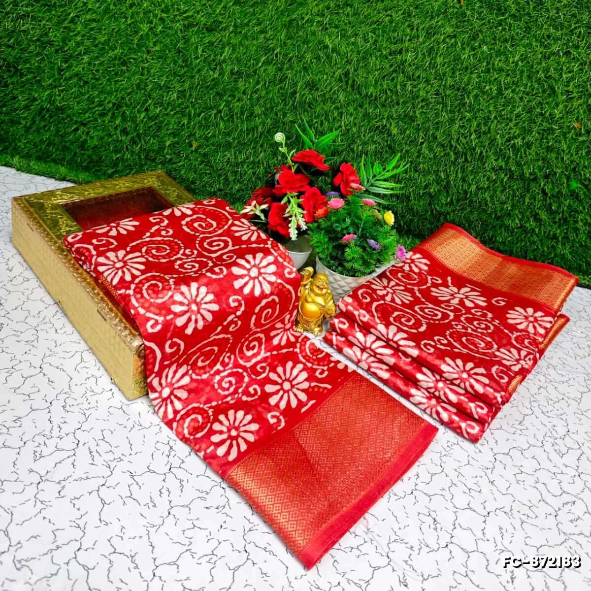 Fancy print office wear cotton sarees all over body kodi poo pattern design premium look lightweight comfortable wear - TOMATO COLOUR