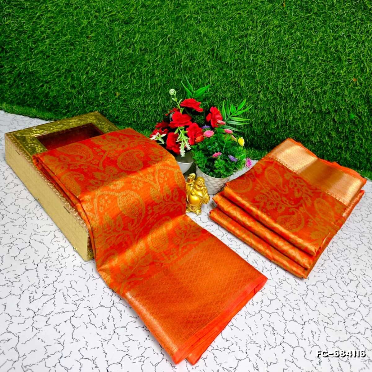 Fancy print office wear cotton sarees all over body mango and leaf pattern design premium look lightweight comfortable wear - ORANGE