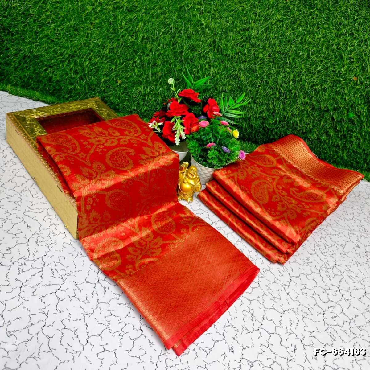 Fancy print office wear cotton sarees all over body mango and leaf pattern design premium look lightweight comfortable wear - TOMATO COLOUR