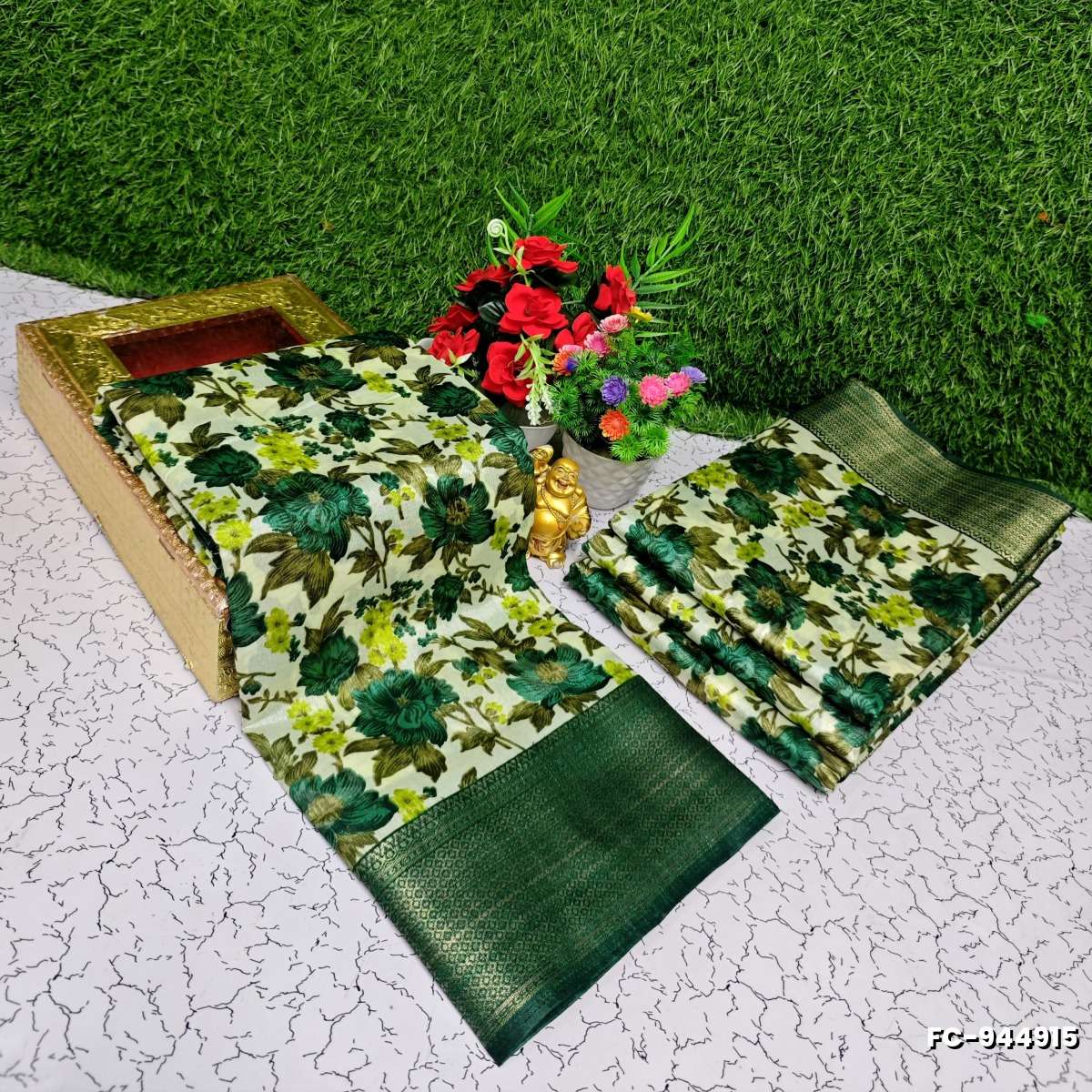 Fancy print office wear cotton sarees all over body  poo pattern design premium look lightweight comfortable wear - GREEN (1)