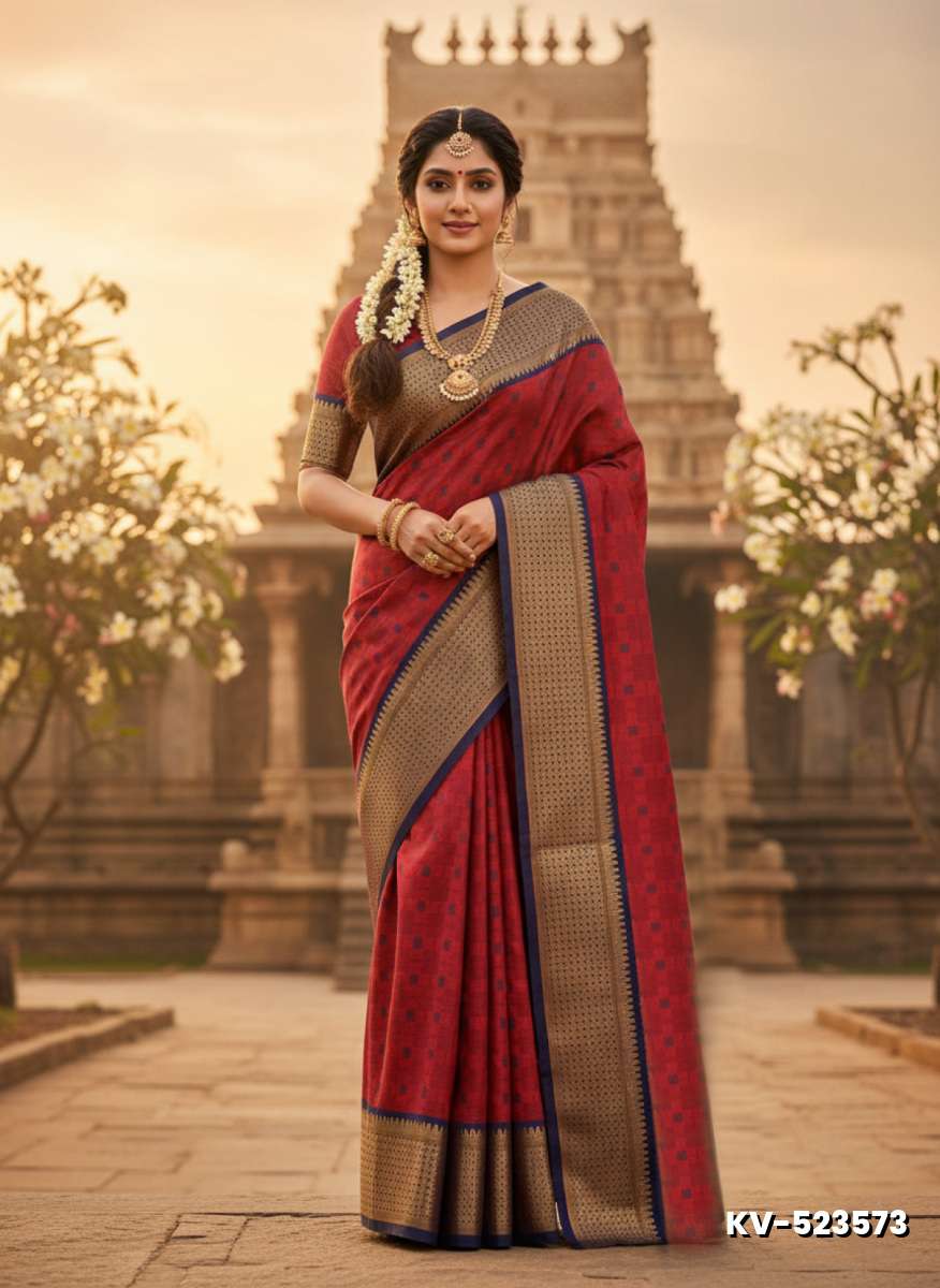 Kayal Premium Soft Silk Saree rich ruby with navy blue color mixed body adorned with subtle checkered motifs and a striking contrast navy blue border - RUBY COLOUR