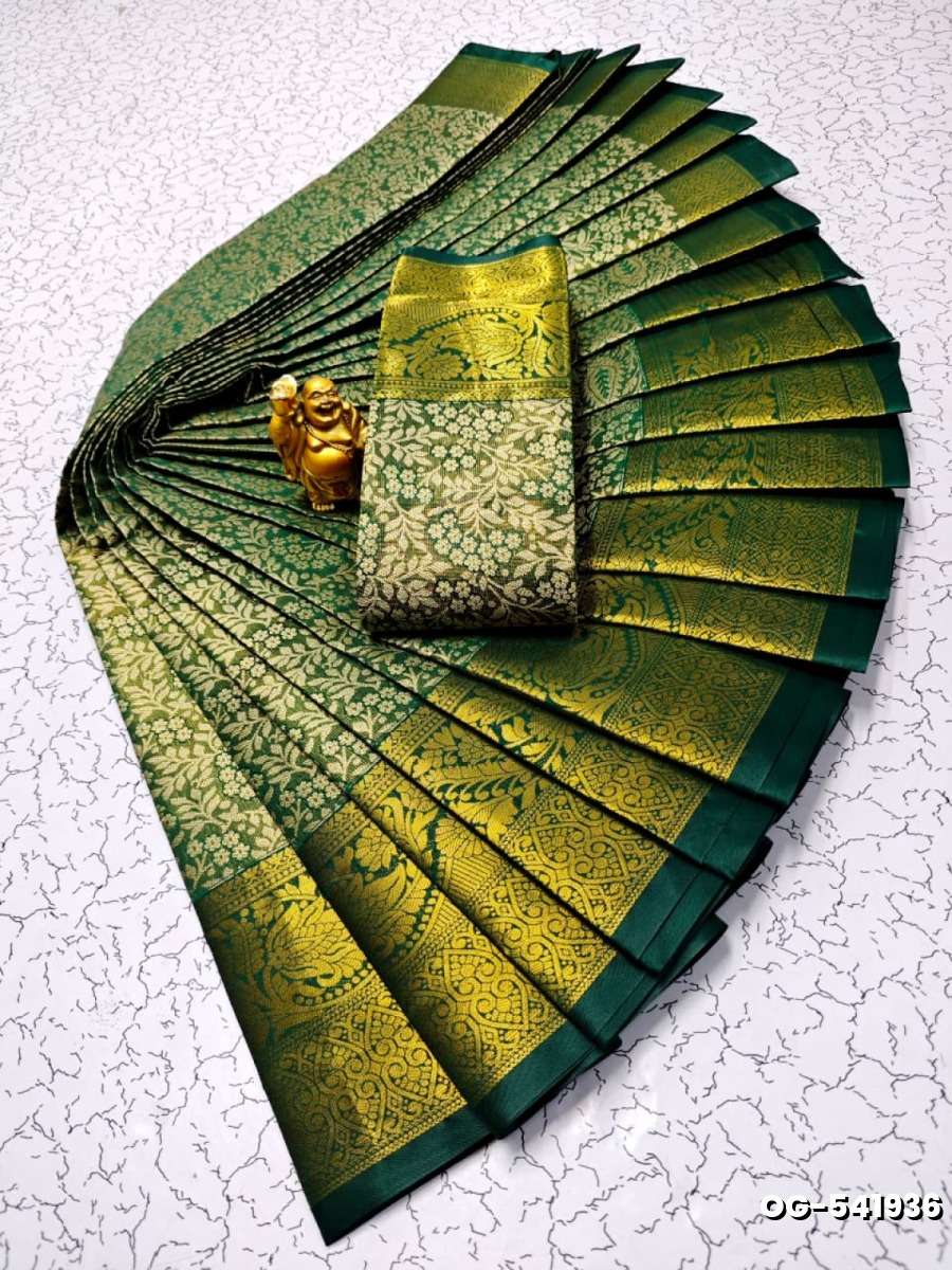 A "one gram gold trending tissue saree" typically refers to a saree made from a lightweight, sheer fabric known as tissue - BOTTLE GREEN