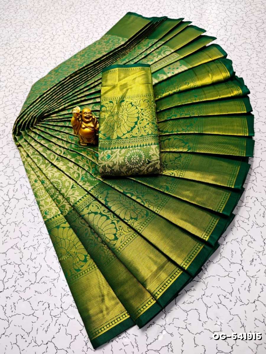 A "one gram gold trending tissue saree" typically refers to a saree made from a lightweight, sheer fabric known as tissue - GREEN