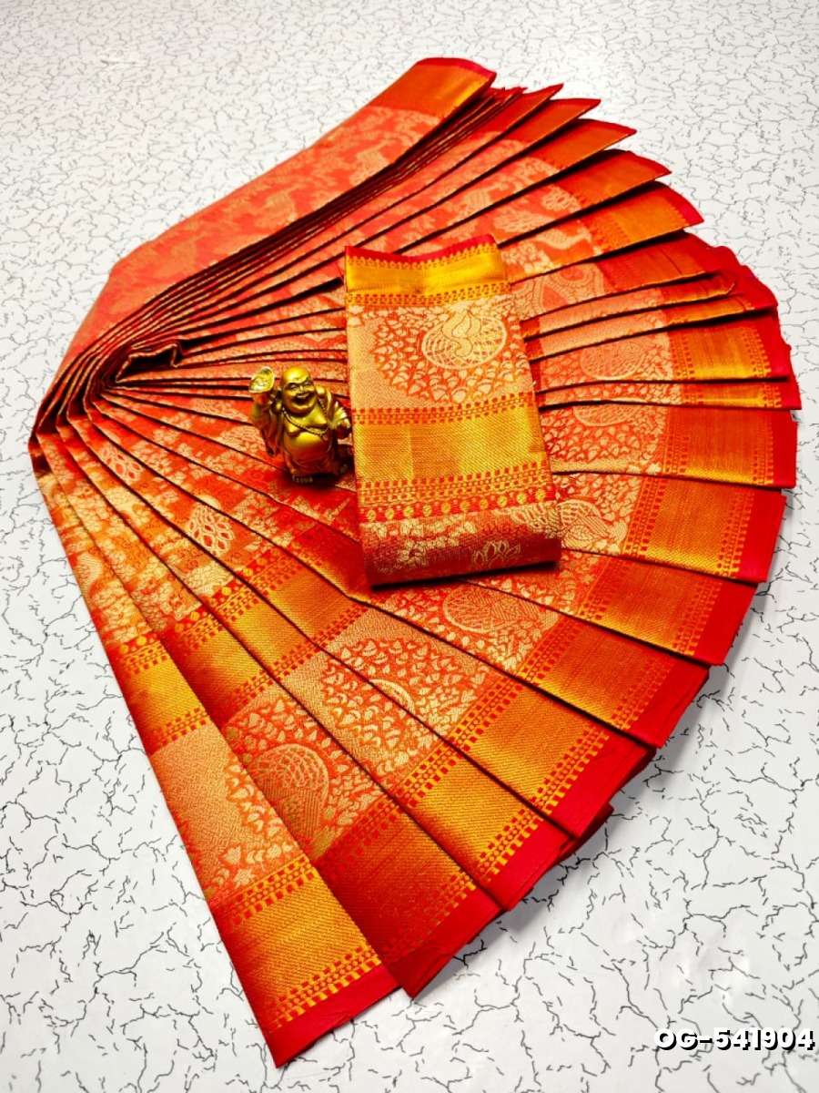 A "one gram gold trending tissue saree" typically refers to a saree made from a lightweight, sheer fabric known as tissue - RED