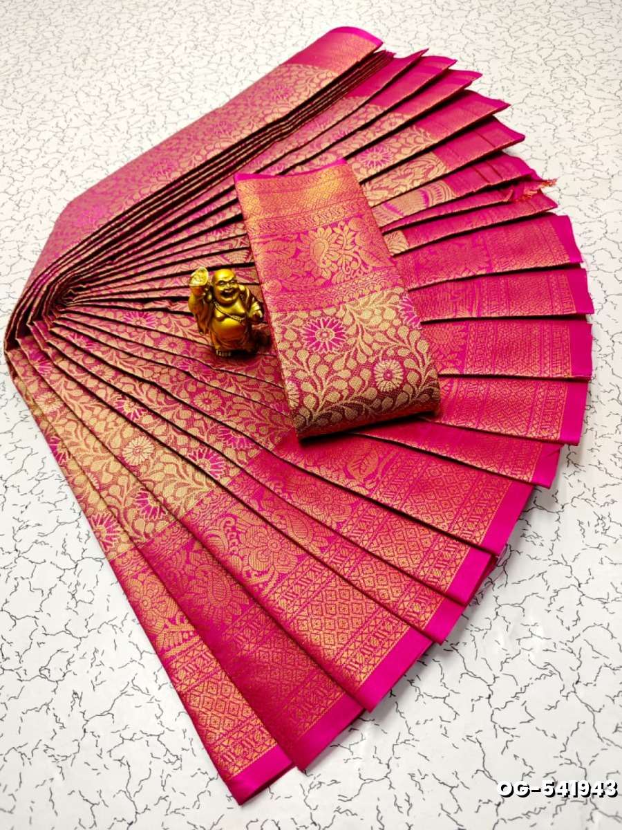 A "one gram gold trending tissue saree" typically refers to a saree made from a lightweight, sheer fabric known as tissue - LIGHT PINK