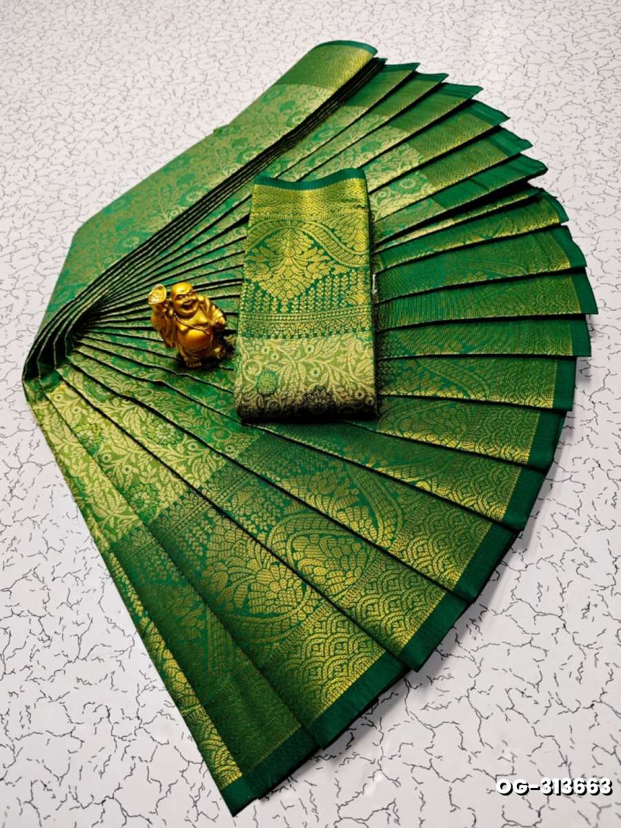 A "one gram gold trending tissue saree" typically refers to a saree made from a lightweight, sheer fabric known as tissue - GREEN COLOUR (1)