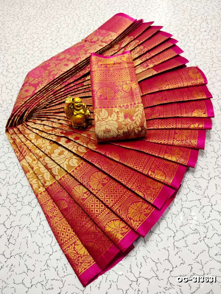 A "one gram gold trending tissue saree" typically refers to a saree made from a lightweight, sheer fabric known as tissue - DARK PINK (1)
