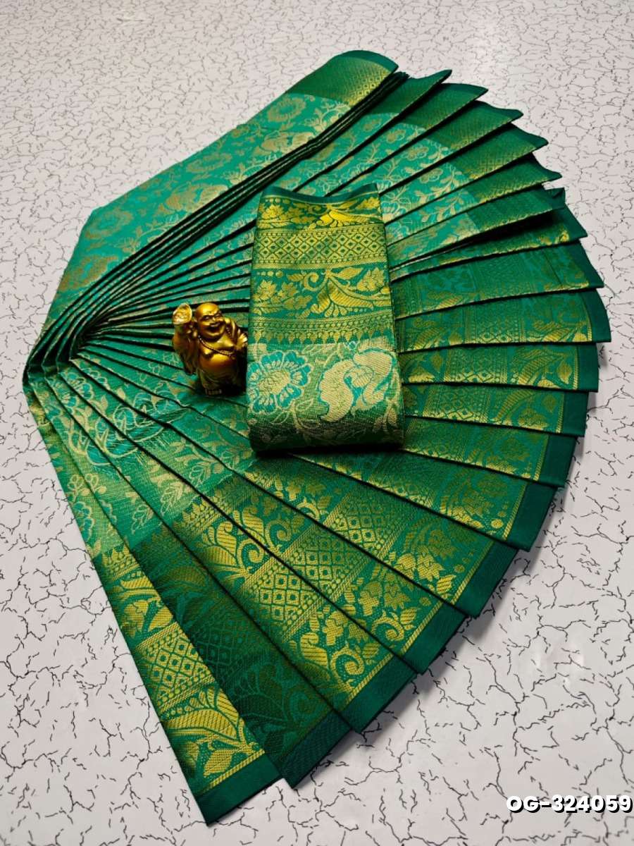 A "one gram gold trending tissue saree" typically refers to a saree made from a lightweight, sheer fabric known as tissue - NORMAL GREEN