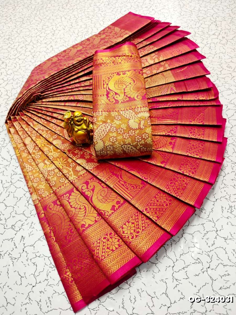 A "one gram gold trending tissue saree" typically refers to a saree made from a lightweight, sheer fabric known as tissue - DARK PINK (2)