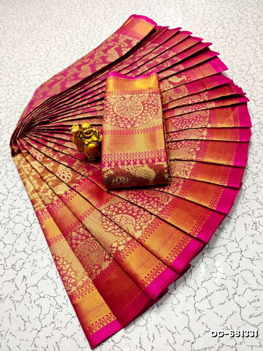 A "one gram gold trending tissue saree" typically refers to a saree made from a lightweight, sheer fabric known as tissue - DARK PINK (3)