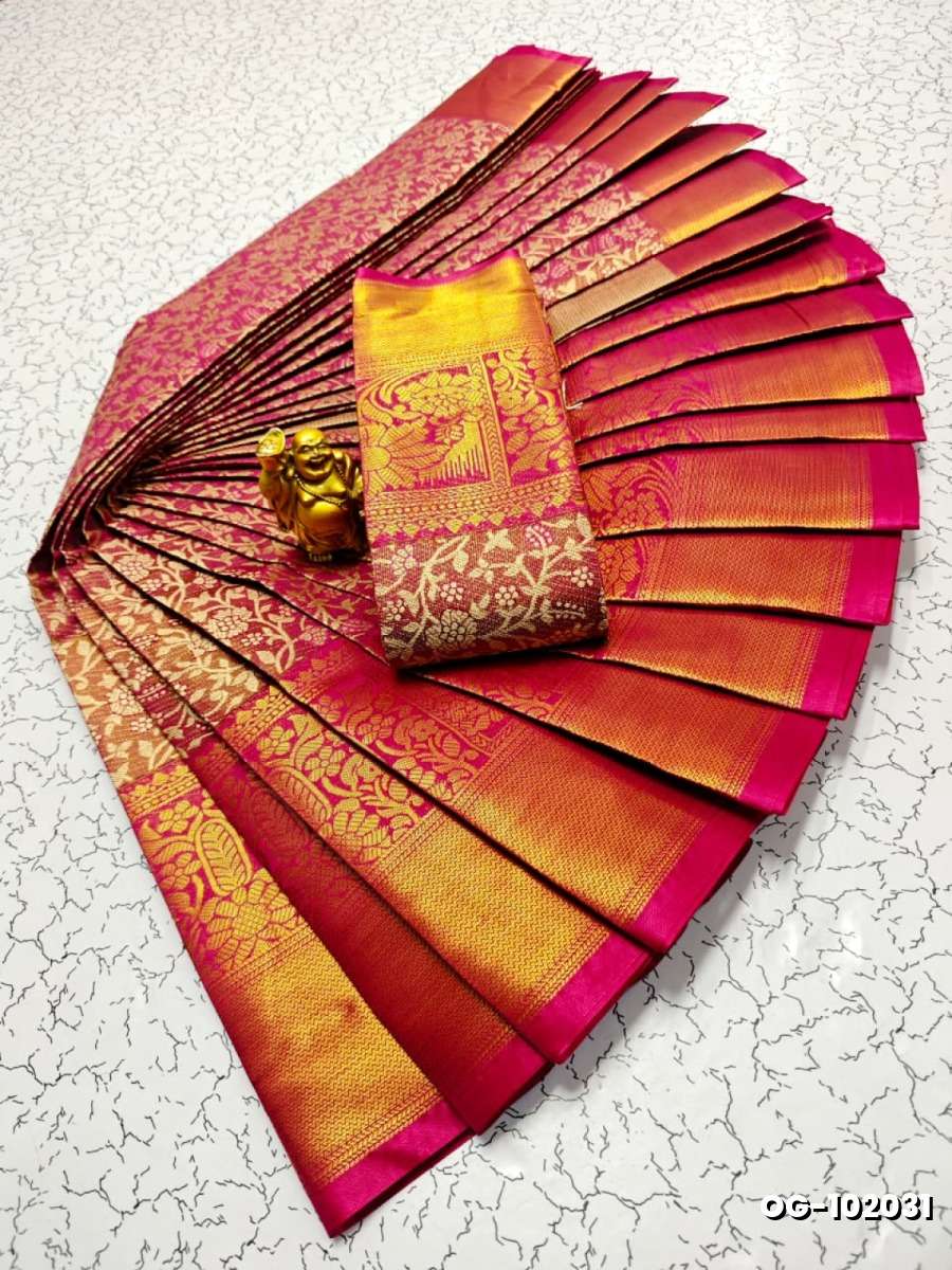 A "one gram gold trending tissue saree" typically refers to a saree made from a lightweight, sheer fabric known as tissue - DARK PINK (4)