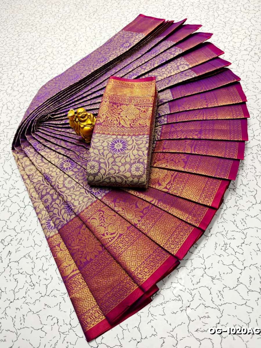 A "one gram gold trending tissue saree" typically refers to a saree made from a lightweight, sheer fabric known as tissue - LAVENDER DARK (5)