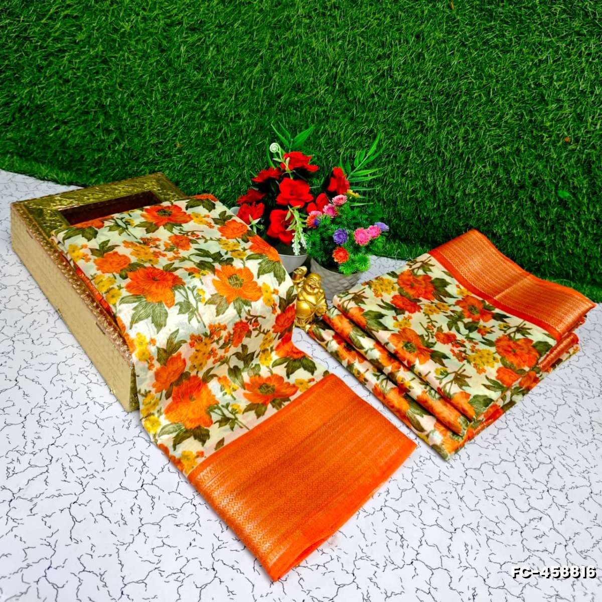 Fancy print office wear cotton sarees all over body mango and leaf pattern design premium look lightweight comfortable wear - ORANGE (1)