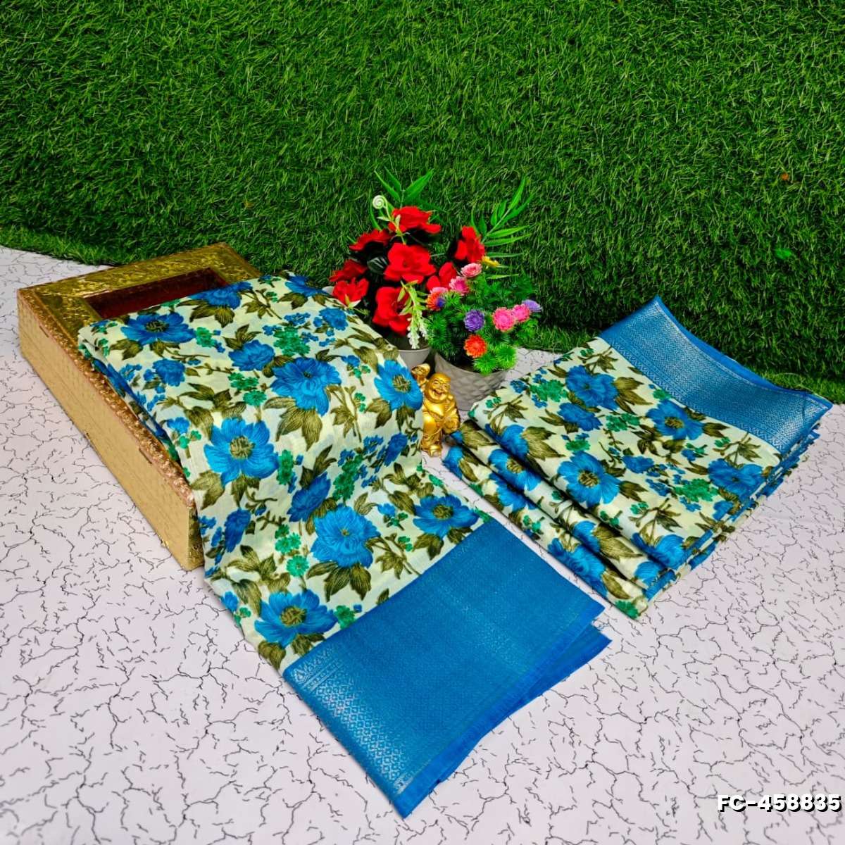 Fancy print office wear cotton sarees all over body mango and leaf pattern design premium look lightweight comfortable wear - DARK SKY BLUE