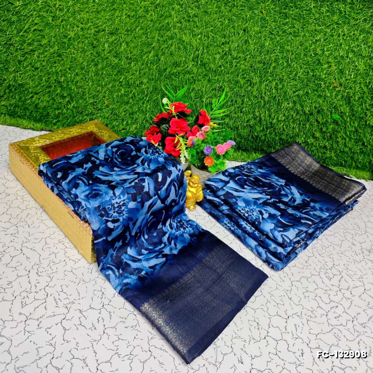 Fancy print office wear cotton sarees all over body mango and leaf pattern design premium look lightweight comfortable wear - NAVY COLOUR